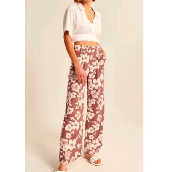 Abercrombie & Fitch Pants - Abercrombie & Fitch Tall Floral Linen Pull-On Relaxed Wide Pant Mahogany Small